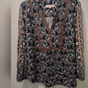 LOFT Navy Tunic with Teal & Tan Paisley Print